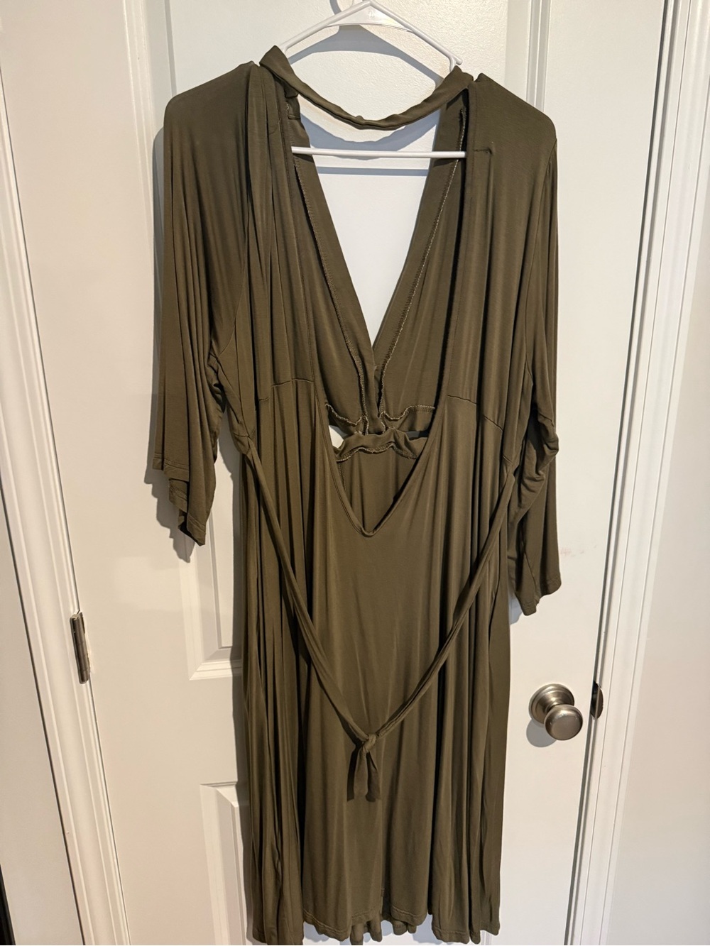 Olive Birth Gown Wrap-Front Lounge Robe with Gathered Waist - Picture 2 of 7